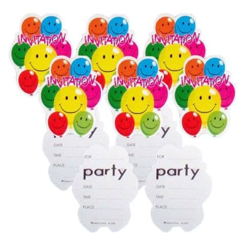 10 x Party Invitations With Envelopes Smiley Face Balloons Henbrandt