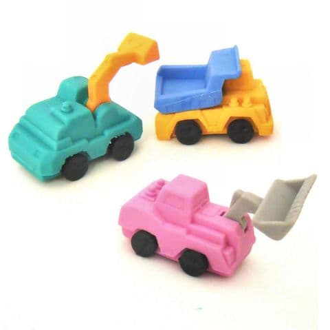 12 x Construction Vehicles 3D Novelty Rubbers (Sets of 3) Wholesale Bulk Buy