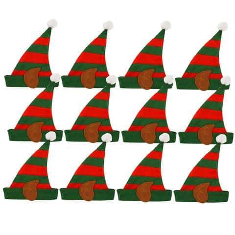 12 x Elf Striped Christmas Felt Hats With Bobble - Childs or Small Adults Size - Wholesale Bulk Buy