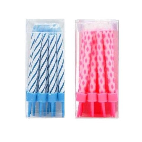 12 x Pink & Blue Birthday Cake Candles & Holders - Shearer Candles - Wholesale Packs of 16
