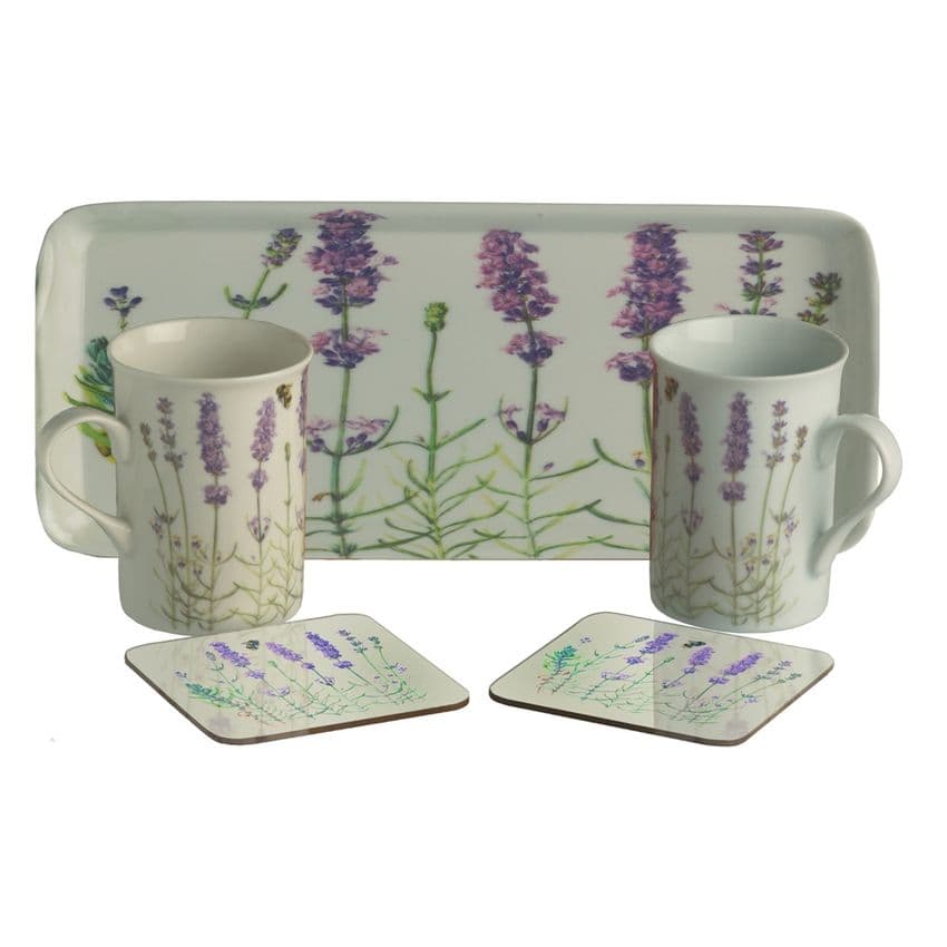 2 Mugs, Coasters & Tray Tea For Two Gift Set - English Norfolk Lavender Ceramics