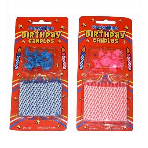 24 x Birthday Cake Candles & 12 Holders - Pink & Blue Wholesale Bulk Buy (24 Packs)