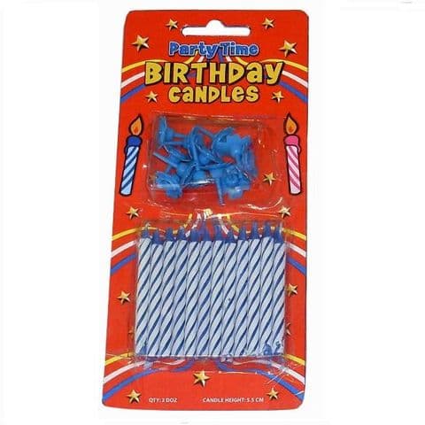 24 x Blue Birthday Cake Candles & 12 Holders