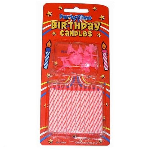 24 x Pink Birthday Cake Candles & 12 Holders