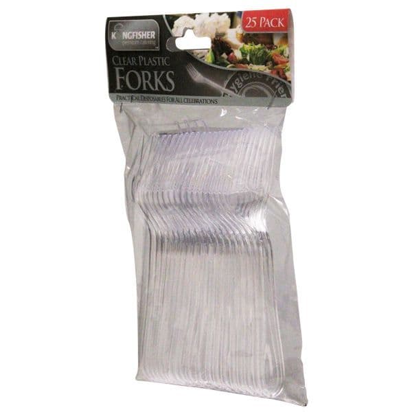 25 x Clear Plastic Forks - Strong Disposable Cutlery by Kingfisher