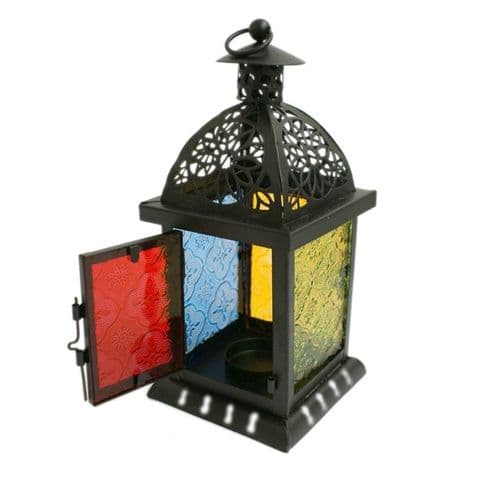 Black Moroccan Style Coloured Stained Glass Storm Lantern For Tealight Candles