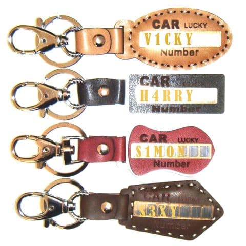 Car Lucky Number Plate Keyring - Personalised License (Red, Black, Brown or Tan Leather)