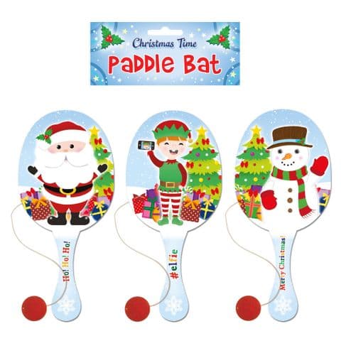 Large 22cm Wooden Paddle Bat & Ball Festive Christmas Design - Assorted Designs