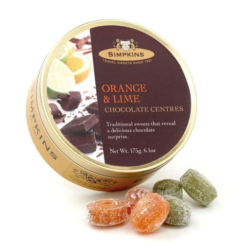 Orange & Lime Chocolate Centres - Simpkins Traditional Travel Sweets Tin 175g