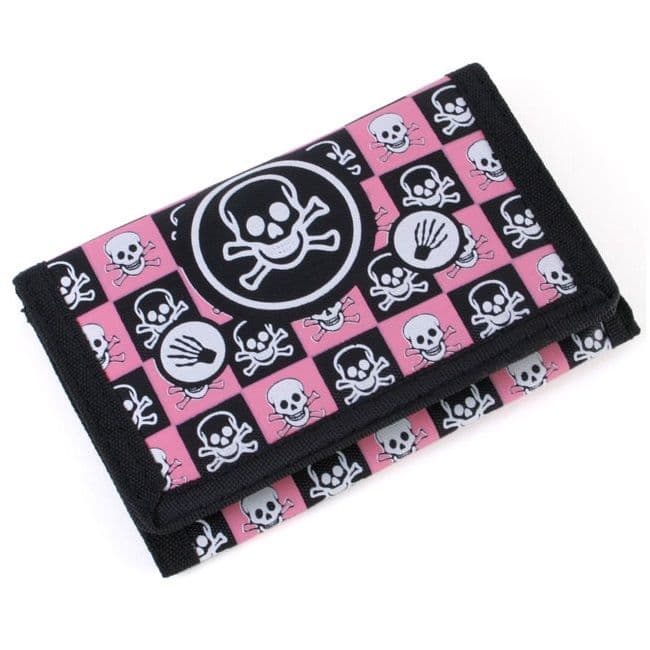 Pink Chequered Skull & Cross Bones Design - Tri Fold Wallet With Velcro & Zipped Coin Pocket