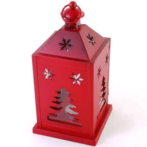 Red Metal Christmas Tree & Snowflake - Glass Storm Lantern For Candles or Tealights