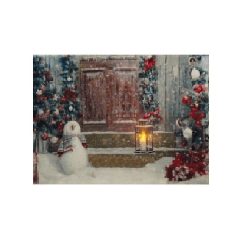 Snowman & Snowy Door - Canvas Wall Print With Flickering LED Light