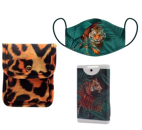 Animal Print Leopard Tiger Face Covering & Hand Sanitizer Pouch Gift Set