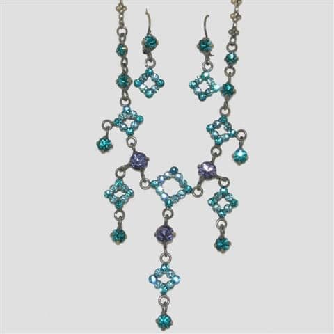 Blue Square Shaped Necklace & Matching Earrings Set - Sparkly Crystal Costume Jewellery