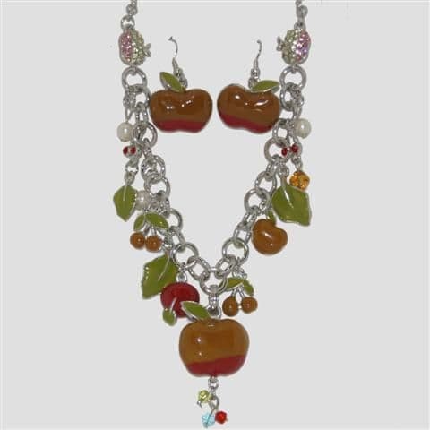 Brown Apple Fruit Necklace & Matching Earrings Set - Enamel Sparkly Crystal Costume Jewellery