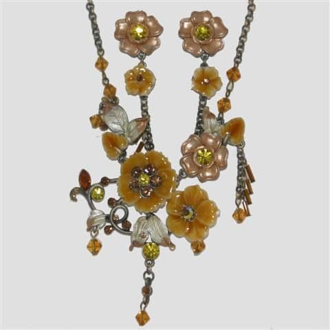 Brown Flower Enamel Necklace & Matching Earrings Set - Sparkly Crystal Costume Jewellery