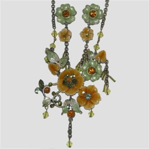 Green Flower Enamel Necklace & Matching Earrings Set - Sparkly Crystal Costume Jewellery