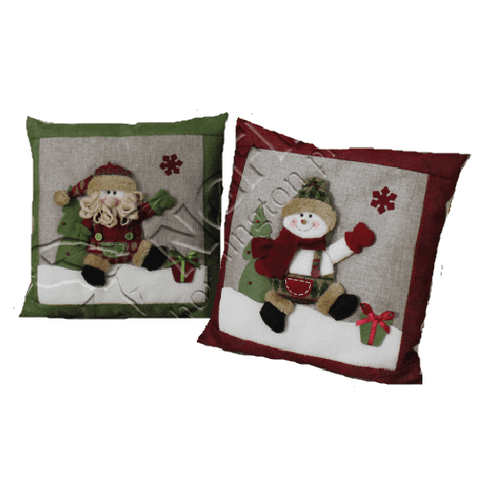Hessian Christmas 3D Cushions Plush Santa & Snowman Design (Set of 2)