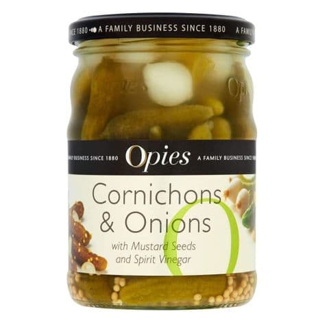 Opies Cornichons & Onions With Mustard Seeds Spirit Vinegar 350g
