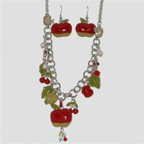 Red Apple Fruit Necklace & Matching Earrings Set - Enamel Sparkly Crystal Costume Jewellery