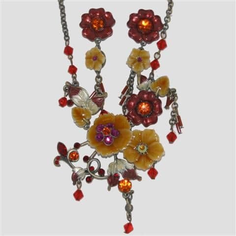 Red Flower Enamel Necklace & Matching Earrings Set - Sparkly Crystal Costume Jewellery