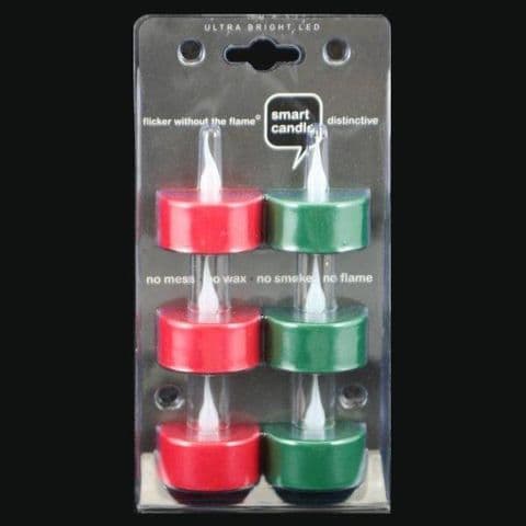 Red & Green LED Flame Tealights Battery Operated Candles SmartCandle 6 Pack