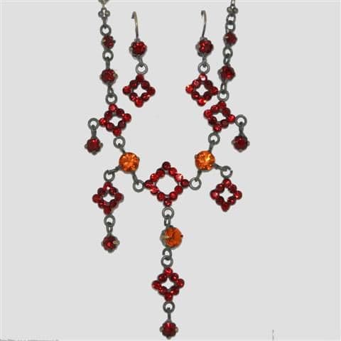 Red Square Shaped Necklace & Matching Earrings Set - Sparkly Crystal Costume Jewellery