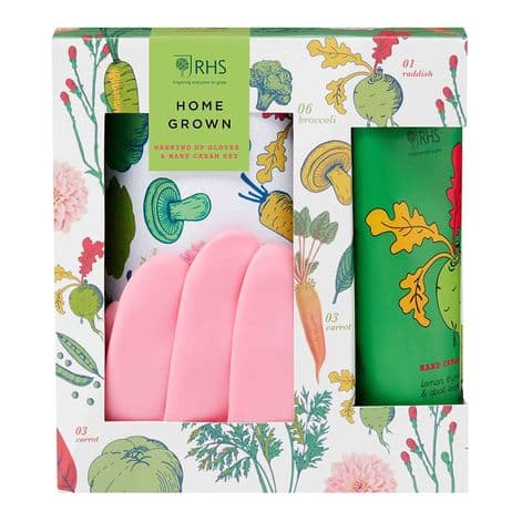 RHS Home Grown Washing Up Gloves & Hand Cream Gift Set Heathcote & Ivory